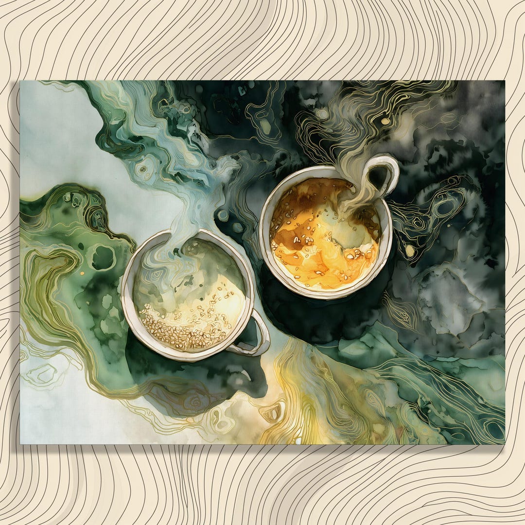 Abstract Coffee Cups Canvas Wall Art - Green Gold Watercolor Print ...