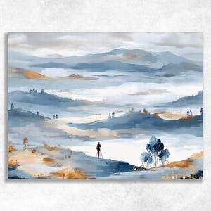 May include: An abstract landscape painting with a serene color palette of blues, gold, and white. The artwork depicts rolling hills and a cloudy sky, with a silhouetted figure standing on a hill. The painting evokes a sense of calm and tranquility.