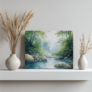 Bergbeek canvas muurkunst Chinese inkt schilderij boslandschap met water, rotsen groen - Rustige woonkamerdecoratie