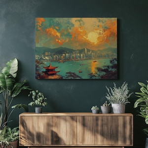 Hong Kong canvas wall art, Victoria Harbour oil painting, traditional Chinese New Year art, high detail poster, cinematic realism, Home Art