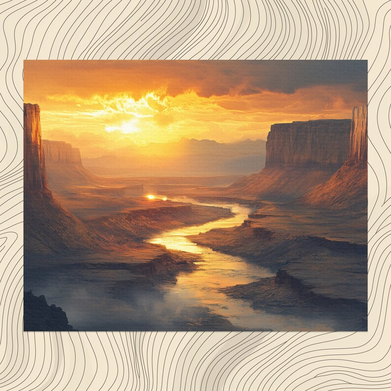 Canyon River Canvas Wall Art, Serene Sunset Figurative Landscape