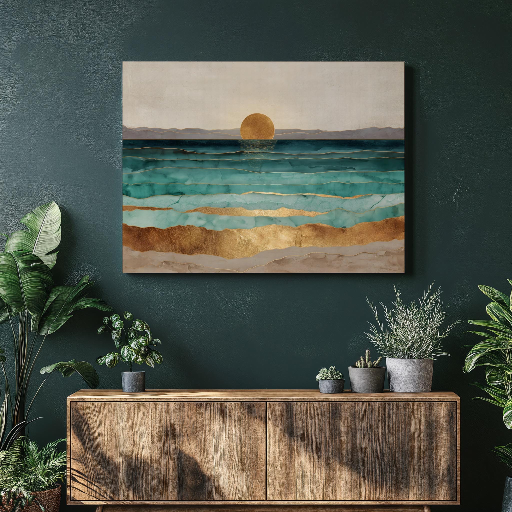 Teal Coastal Sunset Canvas Wall Art - Abstract Seascape With Gold ...