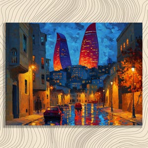 Urban Night Cityscape Canvas Wall Art - Rain soaked street lights reflections modern skyline painting skyscraper art print urban skyline