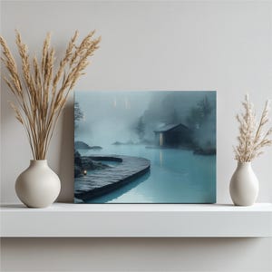 Misty Lake Cabin Canvas Wall Art Painting Print for Home Decor - Serene Nature Landscape Gift - Wood Pathway Cabin Scene Artwork Print