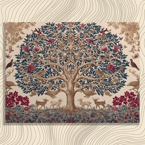 Tree of Life Canvas Wall Art – botanical wildlife print with birds butterflies and deer floral pattern neutral beige boho traditional