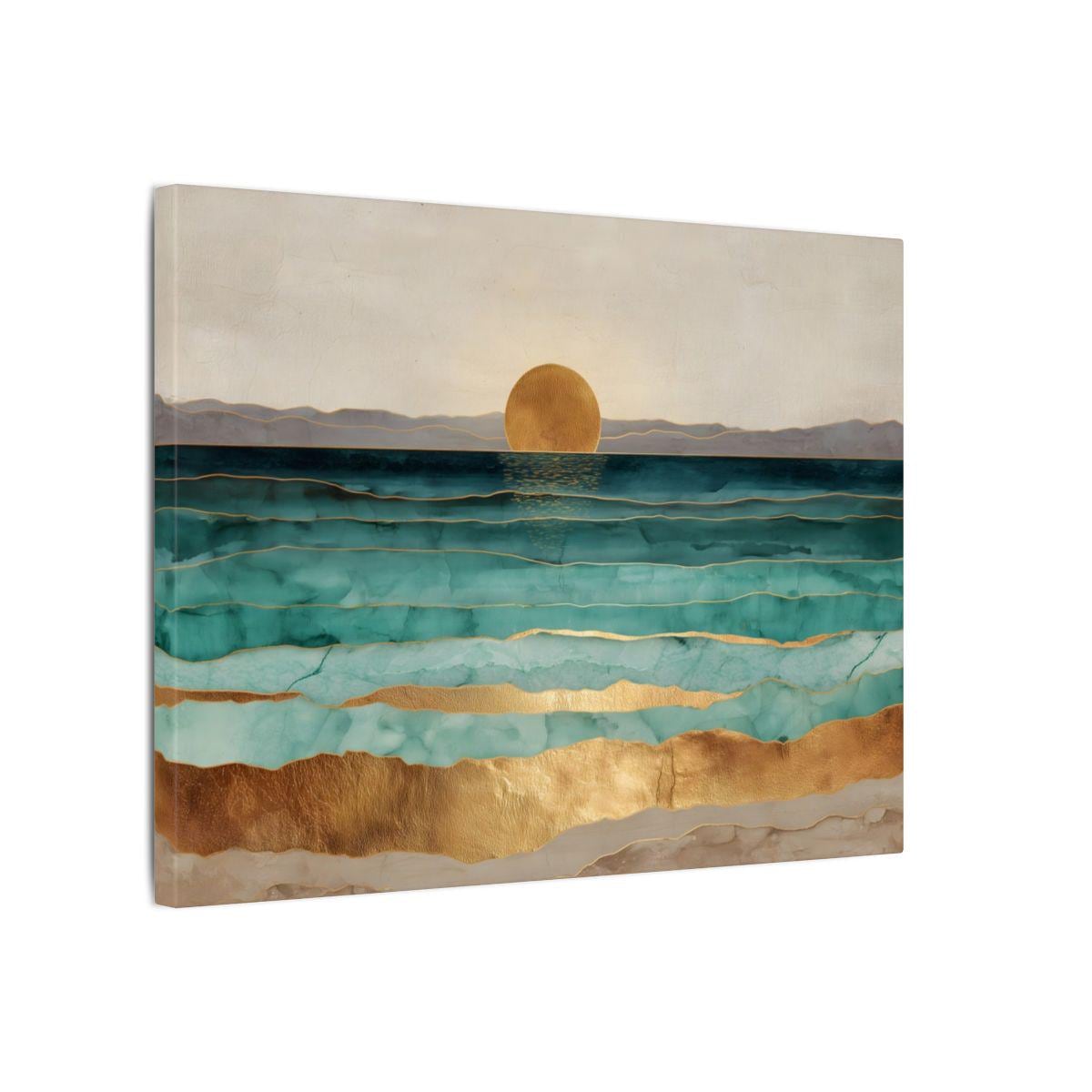 Teal Coastal Sunset Canvas Wall Art - Abstract Seascape With Gold ...
