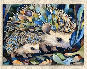 水彩ハリネズミ、森の保育園、動物の絵、赤ちゃんハリネズミ、水彩動物