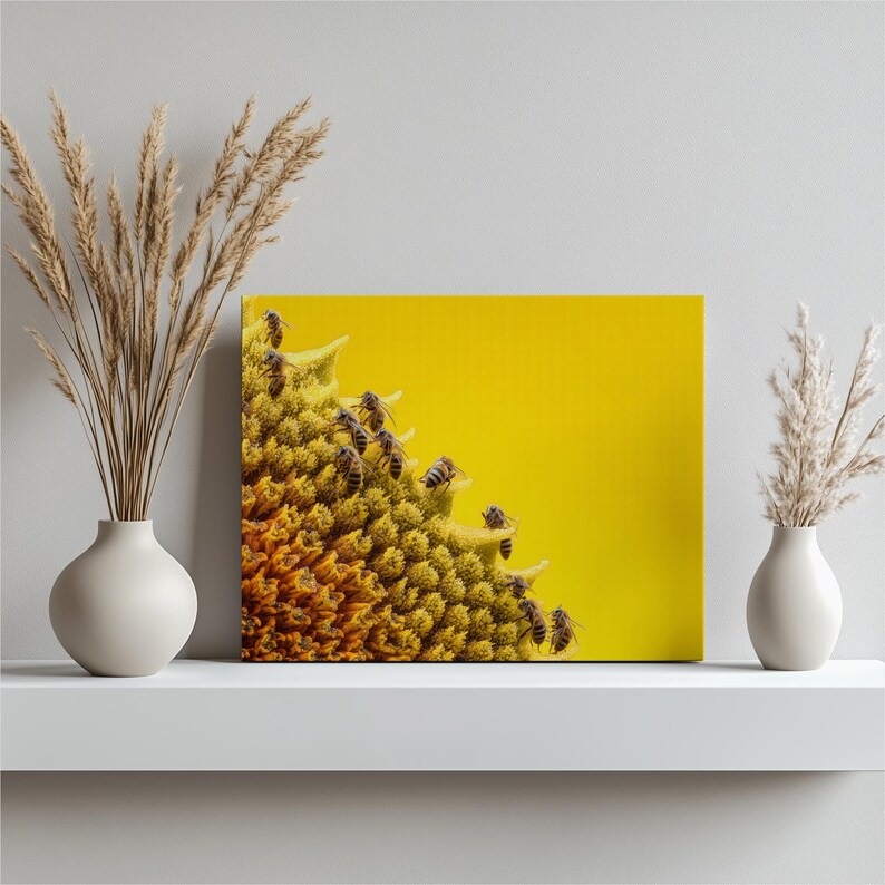 Sunflower Bees Macro canvas wall art – Vibrant nature photography pollination closeup yellow flower wildlife print colorful macro canvas image 7