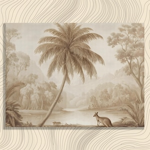 Kangaroo Tropical Landscape Canvas Wall Art – Vintage Sepia Palm Tree Print Australian Wilderness River Mountain Nature Decor