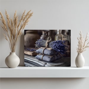 Lavender Vintage Canvas Wall Art – vintage farmhouse style shabby chic botanical still life print lavender bouquet rustic purple home decor