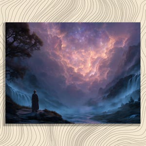 Mystical Starry Sky Canvas Wall Art - Watercolor Waterfall Surrealist Landscape Starry Night Print Fantasy Art Gift for Art Enthusiasts