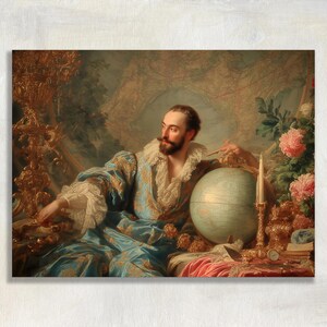 May include: A vintage painting depicts a man in ornate blue and gold attire, seated with a globe and map. The artwork features a detailed background with a map, flowers, and decorative gold accents, creating a historical and artistic theme.