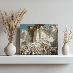 Ancient Temple Collapse Canvas Wall Art – Biblical ruins print historical decor traditional painting style Old Testament scene unique gift