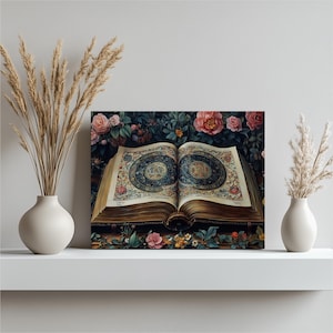 Open Book Floral Canvas Art Print - Victorian Botanical Wall Decor for Living Room, Bedroom Library | Colorful Vintage Illustration