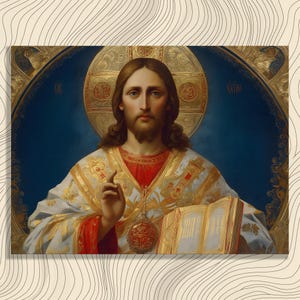 Jesus Christ Canvas Wall Art - Byzantine Icon Painting Gold Blue Orthodox Sacred Text Print For Christian Family Home Decor Canvas Print