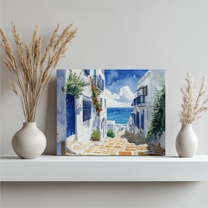 Enchanting Tunisia Canvas Wall Art Sidi Bou Said Mediterranean Scene Cobblestone Street Architecture Sky Sea, Home Office Bedroom Decoration