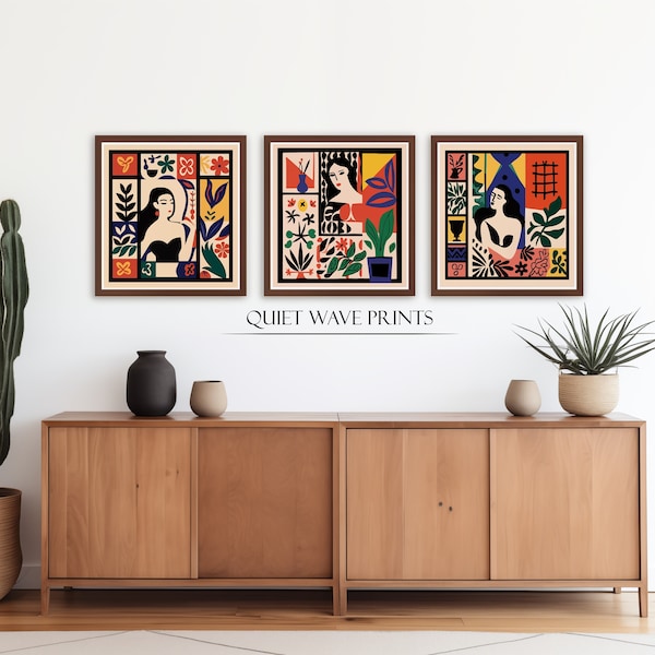 3 Piece Wall Art Set of Abstract Portraits, Funky Colorful Decor, Square Print, Gallery Wall Set, Digital Download, Contemporary Wall Art