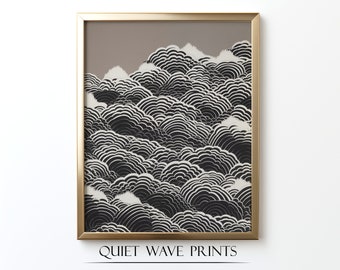 Abstract Seascape Poster, Black and White Art Deco Pattern, Ocean Waves, Vintage Inspired Wall Decor, Chic Digital Print, Printable Wall Art
