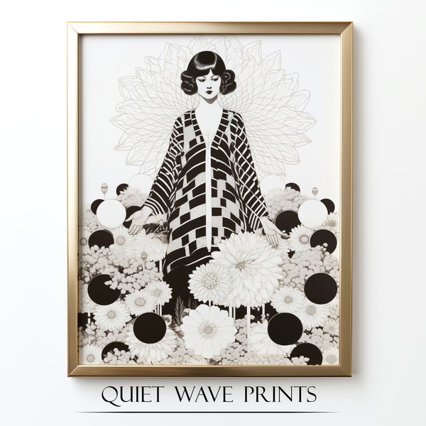 Retro Fashion Digital Poster, Coquette Feminist Wall Art, Flower Power Print, Surreal Black & White Female Figure, Trendy Vintage Printable