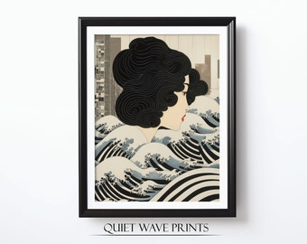 Abstract Japanese Wave Art, Modern Seascape Print, Vintage Inspired Wall Art, Surreal Poster, Digital Download, Printable Art, Unique Poster