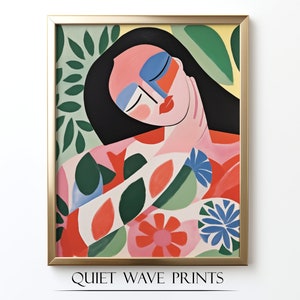 Wandkunst im Matisse-Stil, druckbares Dopamin-Dekor, abstraktes, heiteres Frauenporträt, cooles Poster, tropischer Vibe-Druck, digitaler Kunst-Download