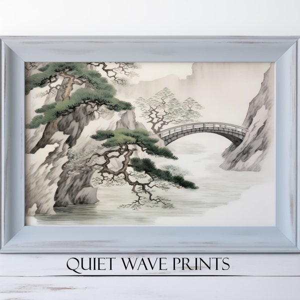 Japanese Inspired Wall Art, Wood block Print Style, Soft Focus Landscape with Trees and Water, Digital Download, Printable Art