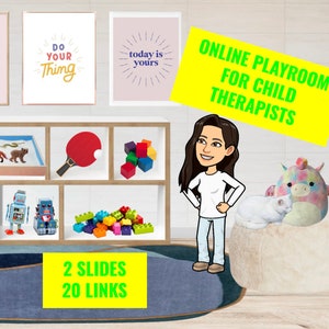 May include: A digital illustration of an online playroom for child therapists. The image features a woman with long brown hair, a white shirt, and blue jeans. She is standing in front of a bookshelf with toys, including a red ping pong paddle, a sand tray, and a set of colorful blocks. There is a white beanbag chair with a unicorn plush toy and a white cat sitting on it. The text "ONLINE PLAYROOM FOR CHILD THERAPISTS" is written in yellow on a green background. The text "2 SLIDES 20 LINKS" is written in yellow on a green background.