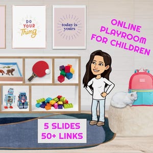 Peut inclure: Une illustration d'une femme debout devant une étagère avec des jouets et un sac à dos rose. Le texte "ONLINE PLAYROOM FOR CHILDREN" est en haut de l'image. Le texte "5 SLIDES 50+ LINKS" est en bas de l'image.
