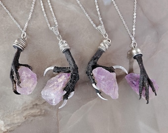 Amethyst Bird Paw Pendant | Real Bone & Crystal Necklace | Witchy Gothic Jewelry with Natural Stone