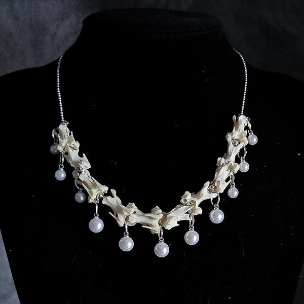 Bone Necklace | Bone Pendant | Handmade Bird Vertebrae & Pearl Necklace | Real Bone Jewelry | Gothic, Witchy, Dark Boho Statement Necklace