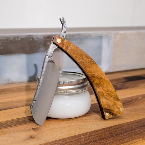 Hand forged smiling straight razor |  Burled Oak scales