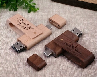 Personalized Rotating Wood USB Flash Drive - Type-C & USB, Wedding Memory Gift, USB Flash Drive, Personalized Gift, Custom Wedding