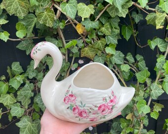 Kernewek Pottery Swan Vase Plant Pot Made In Cornwall, Rare Floral Design.