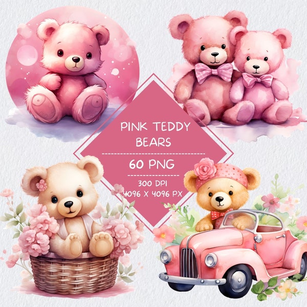 Pink Teddy Bear Watercolor Clipart Bundle, Gender Reveal Party Clipart, Pink Baby Shower Clipart, Sleepy Baby Bear Clipart, Cute Teddy Bears