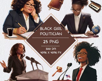 Black Girl Politician Clipart, Digital Notebook Election Campaign Clipart, Black Woman President Goodnotes Stickers for Dark Skin Tones