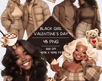 Black Girl Neutral Valentines Day Clipart Set, Digital Notebook Black Couple Romance Stickers, Goodnotes Notion Stickers for Dark Skin Tones