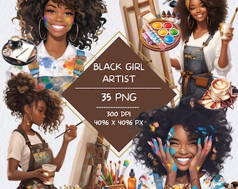 Black Girl Artist Clipart, Digital Notebook Art Studio Aesthetic Clip Art, Black Woman Painter GoodNotes Notion Stickers for Dark Skin Tones