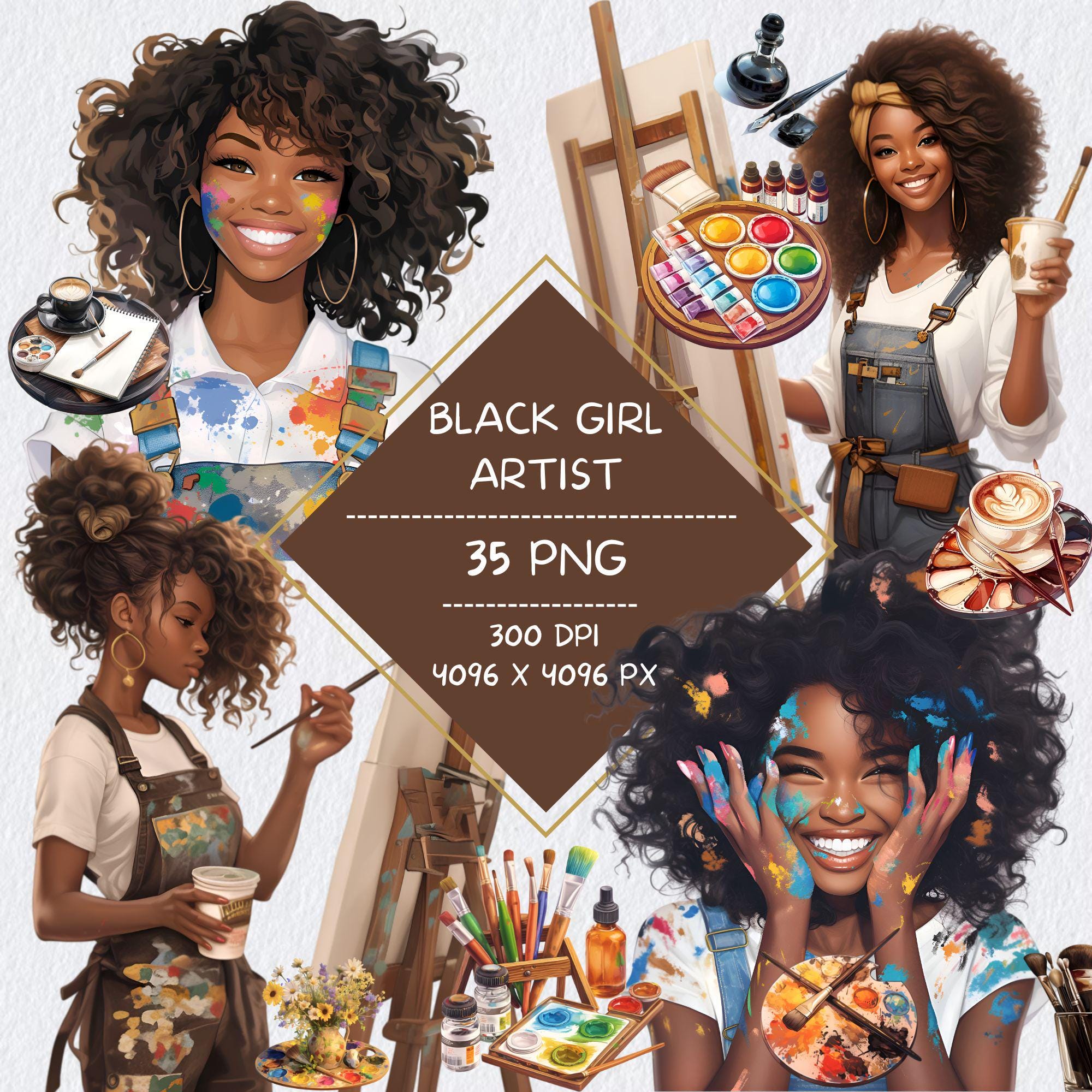 Black Girl Artist Clipart, Digital Notebook Art Studio Aesthetic Clip Art, Black Woman Painter GoodNotes Notion Stickers for Dark Skin Tones