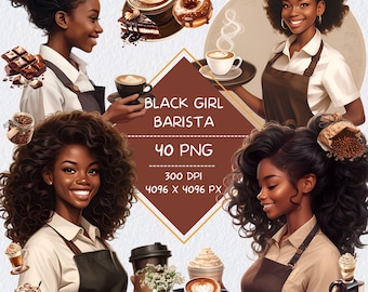 Black Girl Barista Clipart, Digital Notebook Coffee Shop Aesthetic Clip Art, Black Woman Cafe GoodNotes Notion Stickers for Dark Skin Tones