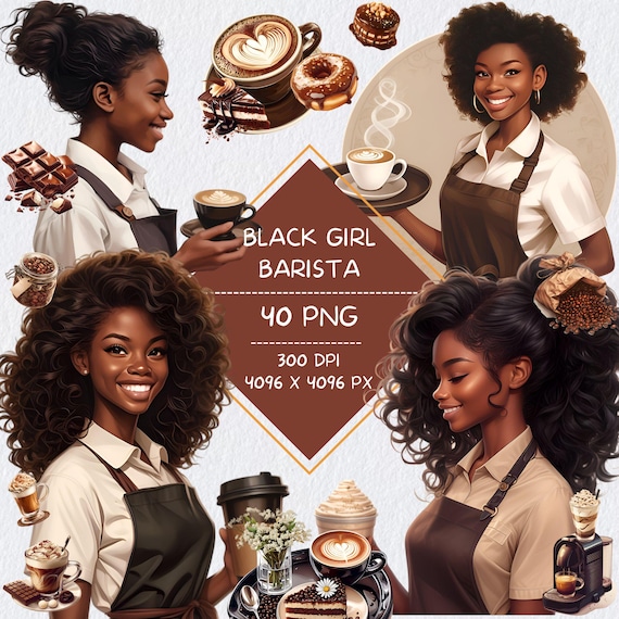 Black Girl Barista Clipart, Digital Notebook Coffee Shop Aesthetic Clip Art, Black Woman Cafe GoodNotes Notion Stickers for Dark Skin Tones