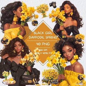 Imágenes prediseñadas de una chica negra con un ramo de narcisos, una mujer afroamericana en una primavera acogedora, pegatinas de Goodnotes Notion para cuadernos digitales para pieles oscuras.