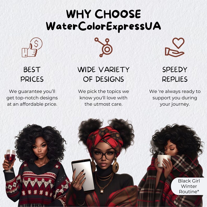 Black Curvy Girl Christmas Eve Clipart Pack, Digital Notebook Winter