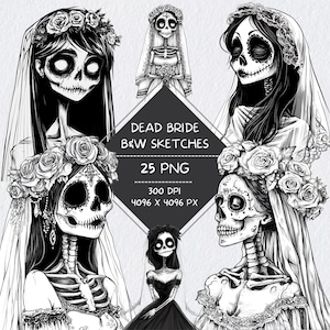 Croquis dessinés à la main de mariée décédée pour des cliparts d'Halloween en noir et blanc, illustrations de cadavres de mariée romantique gothique pour album de scrapbooking