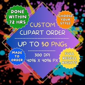 CUSTOM CLIPART, 1 bis 50 PNG-Bilder, hochwertige transparente Hintergrundaufkleber, exklusive Grafiken für kommerzielle Nutzung, personalisierte Clip Art