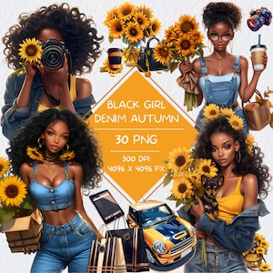 Clipart de otoño de mezclilla de chica negra, estética de otoño de jeans de mujer afroamericana, pegatinas de GoodNotes Notion para cuadernos digitales para tonos de piel oscuros