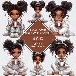 Black Chibi Girls With Coffee Clipart Bundle, Cute Chibi African American Girl Coffee Lover PNG, Cozy Black Chibi Girls Morning Coffee PNG