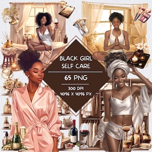Black Girl Self Care Clipart, pegatinas estéticas para cuadernos digitales, pegatinas de rutina de cuidado de la piel, pegatinas de nociones GoodNotes para tonos de piel oscuros