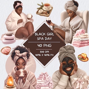 Clipart journée spa fille noire, clipart pour ordinateur portable numérique soins personnels, autocollants esthétiques bien-être, autocollants notion GoodNotes pour les peaux foncées