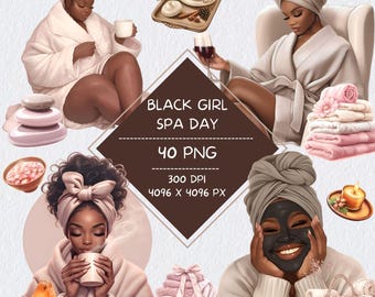 Black Girl Spa Day Clipart, Digital Notebook Self Care Clipart, Wellness Aesthetic Stickers, GoodNotes Notion Stickers for Dark Skin Tones