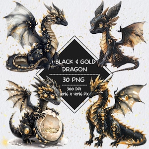 Black and Gold Dragon Clipart Bundle, Watercolor Dragon Egg Clip Art, Black and Gold Fantasy Dragons, Magic Kingdom Baby Dragon Clipart Set